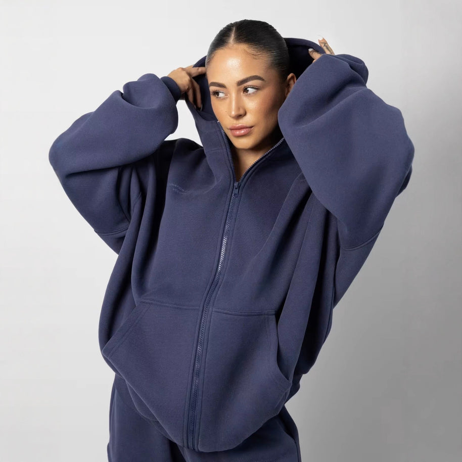 Damen sportliches Fleece-Hoodie-Set mit Reißverschluss und weiten Hosen WW