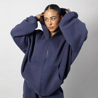 Damen sportliches Fleece-Hoodie-Set mit Reißverschluss und weiten Hosen WW