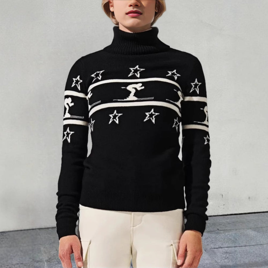 Damen Rollkragenpullover mit Skimotiv und Sternen WW