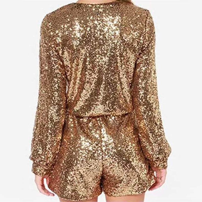 Damen Glitzernder Jumpsuit mit tiefem V-Ausschnitt und funkelndem Paillettenbesatz W&W Mode