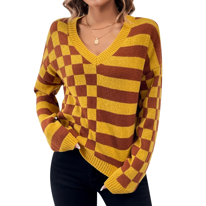 Damen V-Ausschnitt Pullover mit kariertem Muster und weitem Schnitt WW