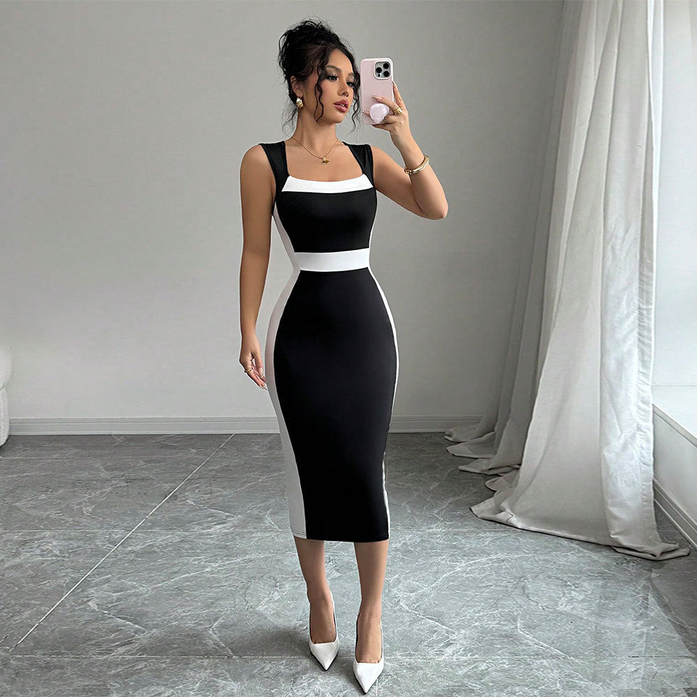 Damen figurbetontes Midi-Kleid mit elegantem Farbkontrast und schickem Ausschnitt W&W
