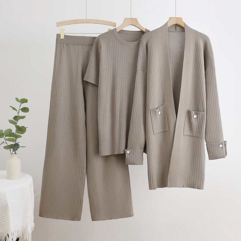 Damen Strick-Loungewear Set mit langen Ärmeln und praktischen Taschen WW