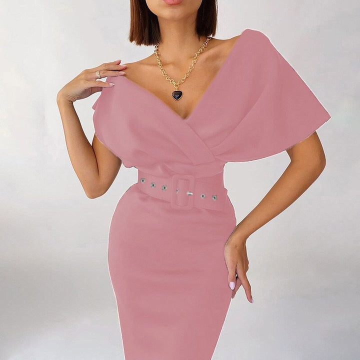 Damen langes Kleid mit V-Ausschnitt und langen Ärmeln