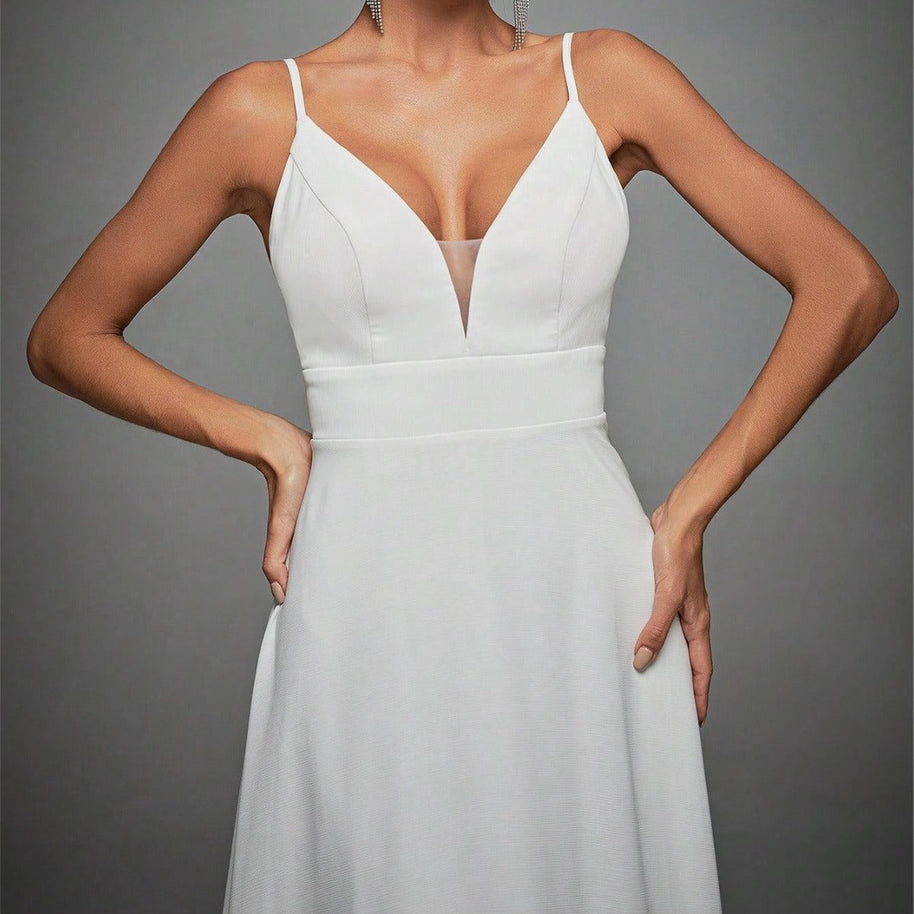 WW | V-Ausschnitt Träger Abendkleid Spitze Rückenfrei Große Schwung Tanzkleid Festkleid Brautjungfernkleid
