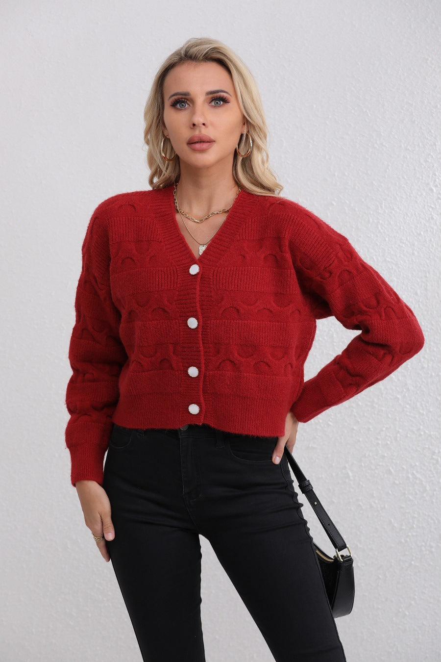 Damen Strickjacke mit strukturiertem Muster und modischen Knöpfen WW