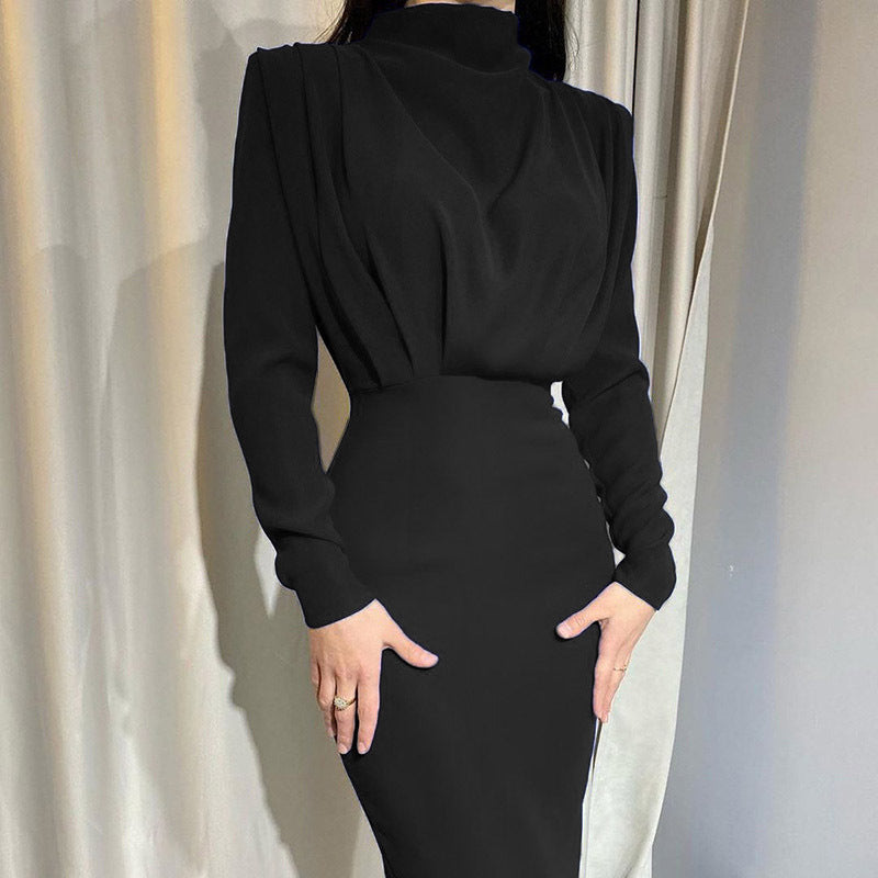 Damen elegantes Midi-Kleid mit hochgeschlossenem Design und Drapierungen WW