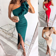 Damen Elegantes One-Shoulder Abendkleid mit Rüschen und hohem Schlitz WW