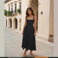 Damen Maxikleid mit quadratischen Ausschnitten und fließendem Rock WW