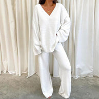 Damen Bequemes Fleece-Loungewear-Set mit V-Ausschnitt WW