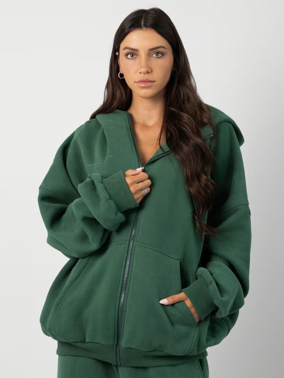 Damen sportliches Fleece-Hoodie-Set mit Reißverschluss und weiten Hosen WW