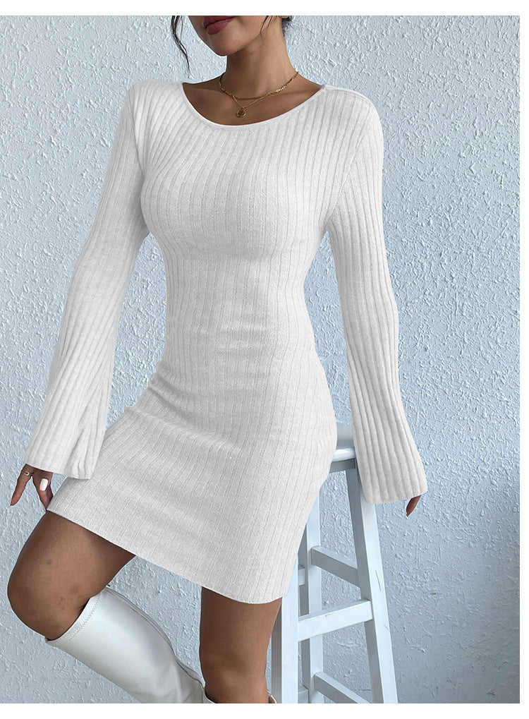 W&W Mode | Langärmliges Trompetenärmel Offener Rücken Strickkleid