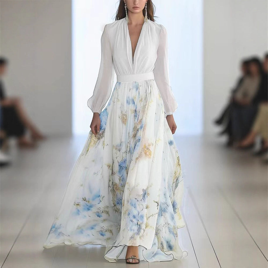 Damen Maxikleid mit floralem Chiffon und eleganten Puffärmeln WW