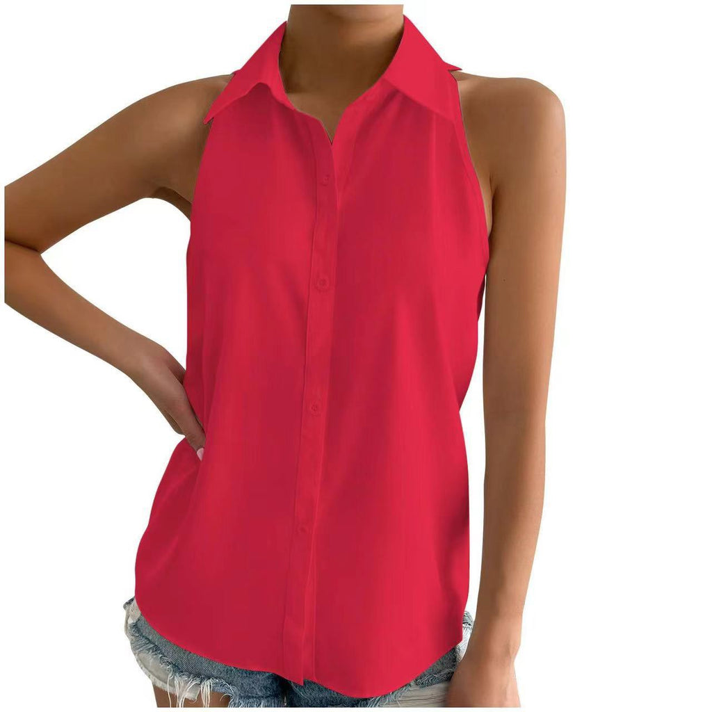 Damen ärmellose Bluse mit modernem Kragen und leichter Stoffqualität WW