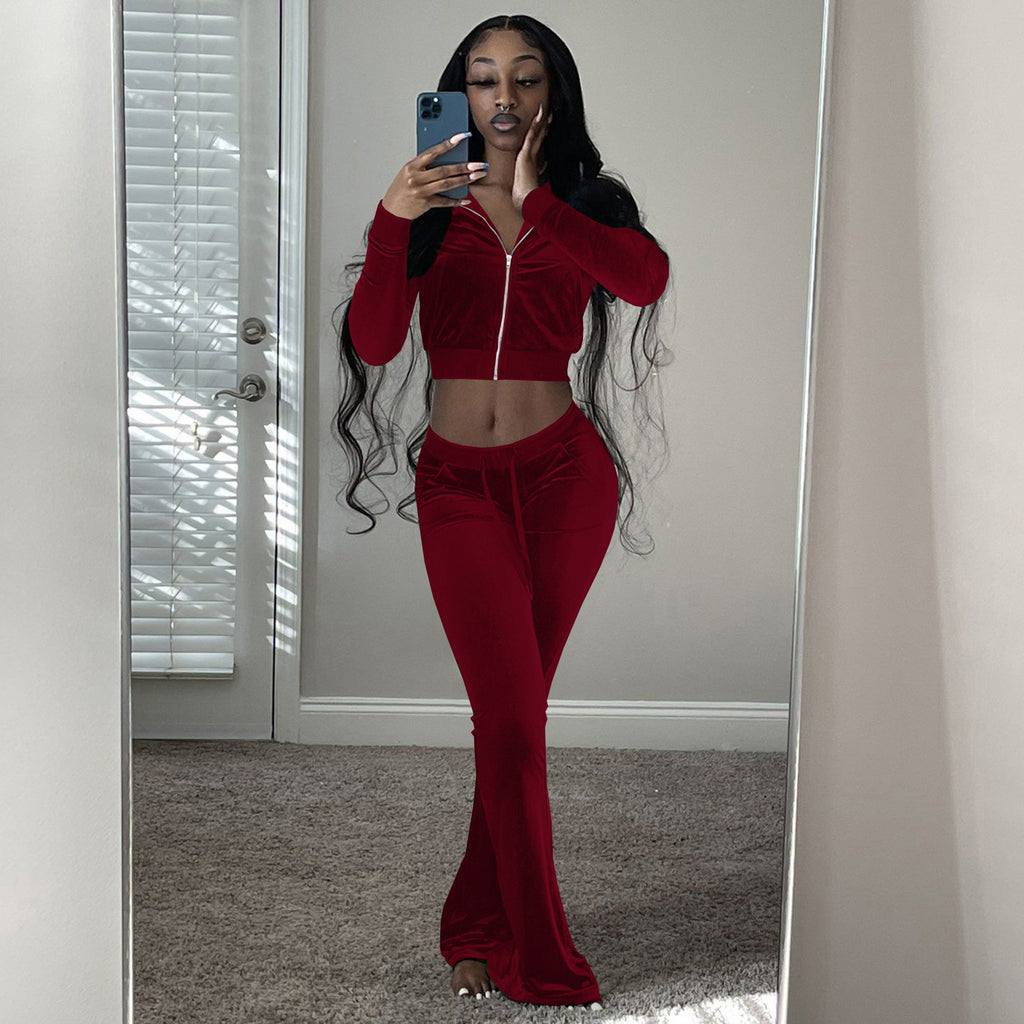 Damen Velours Tracksuit mit Zip-Front und weit geschnittener Hose WW