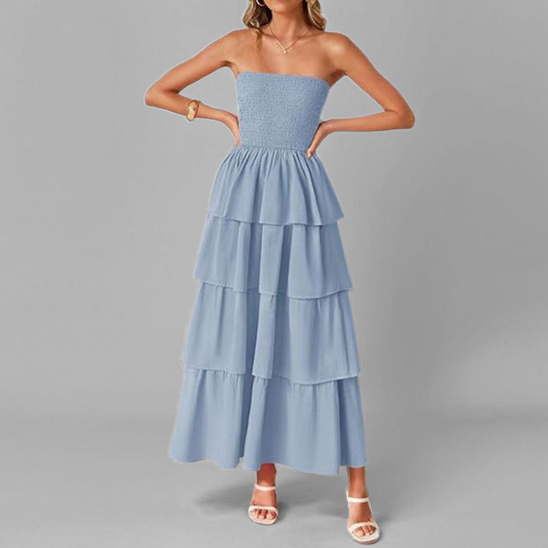 Damen Maxikleid mit schulterfreiem Design und voluminösen Rüschenschichten W&W Mode