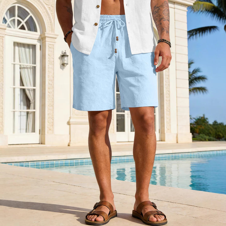 Herren nan leichte Strand-Bermuda aus Leinenmix mit Elastikbund Kordelzug und Zierknopfleiste W&W Mode