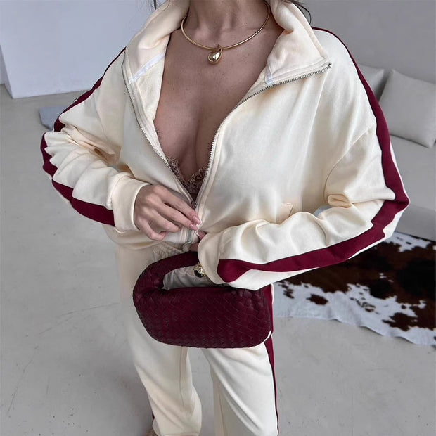 Damen sportlicher Fleece-Jogginganzug mit hohem Kragen und seitlichen Nähten WW