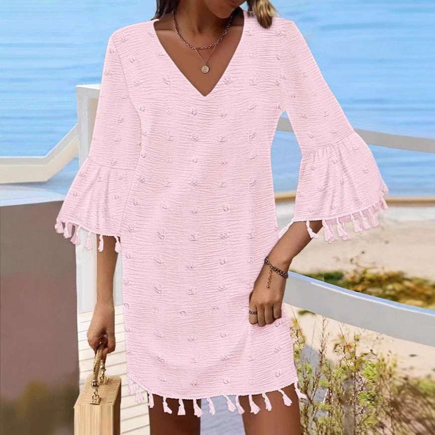 Damen Strandkleid mit modischen Fransen und V-Ausschnitt WW