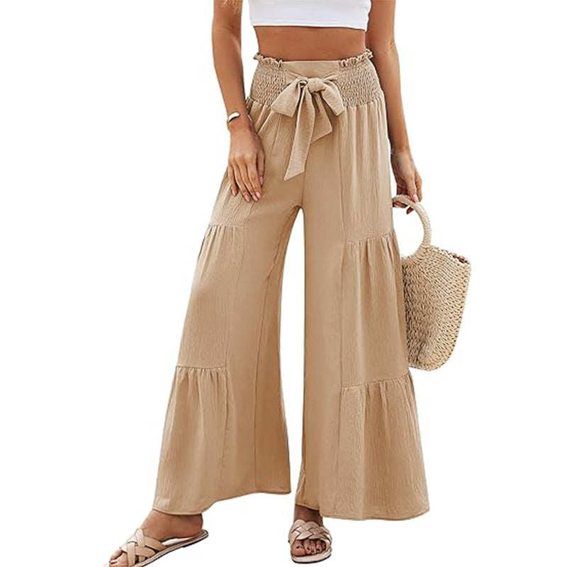 Damen sommerliche Palazzo-Hose mit elastischem Bund und dekorativem Bindegürtel WW