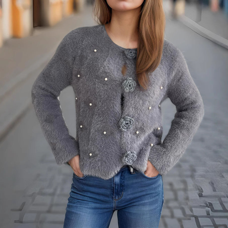 Damen Strickjacke mit floralen Applikationen und perlverzierter Detail WW