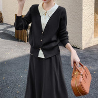 Damen Strickensemble mit eleganter Blusenoptik und weitem Rock WW