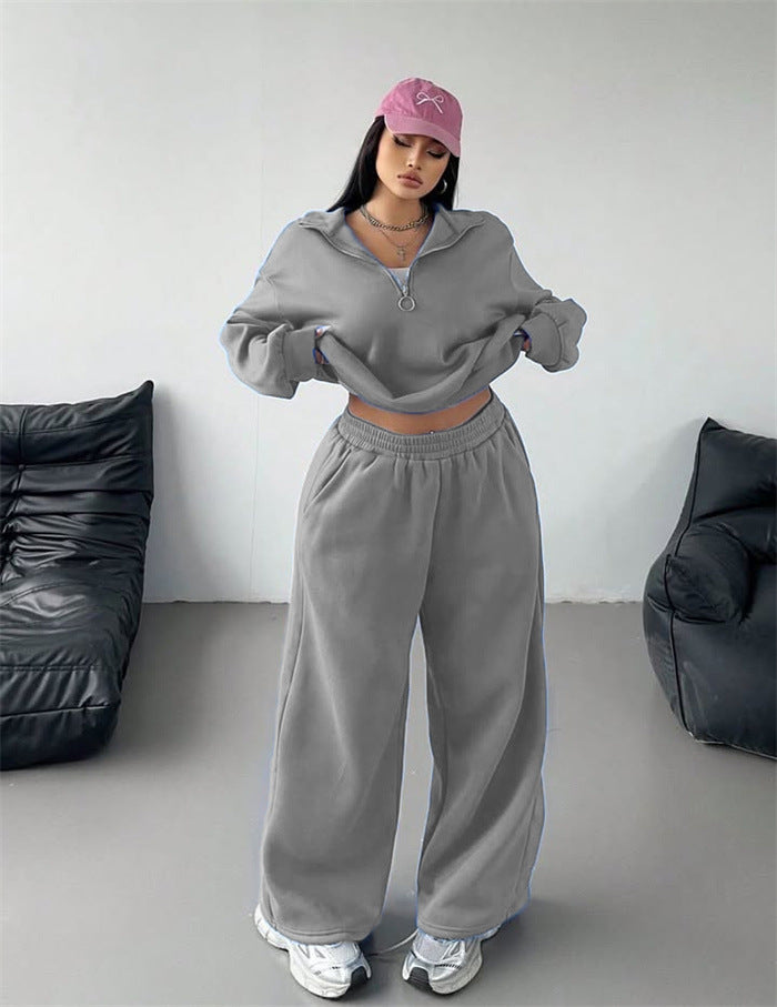 Damen Sportliches und lässiges Fleece-Set mit halbem Reißverschluss WW