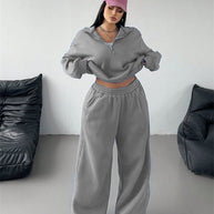 Damen Sportliches und lässiges Fleece-Set mit halbem Reißverschluss WW