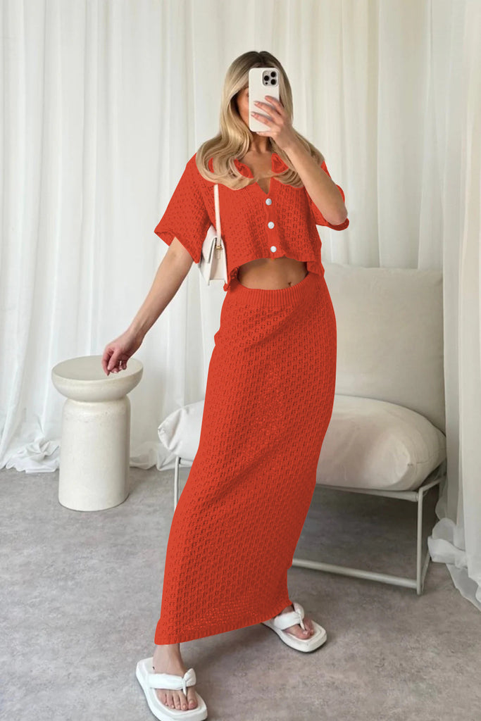 Damen Lässiges Strickset mit elegantem Crop-Top und Maxiröcke WW