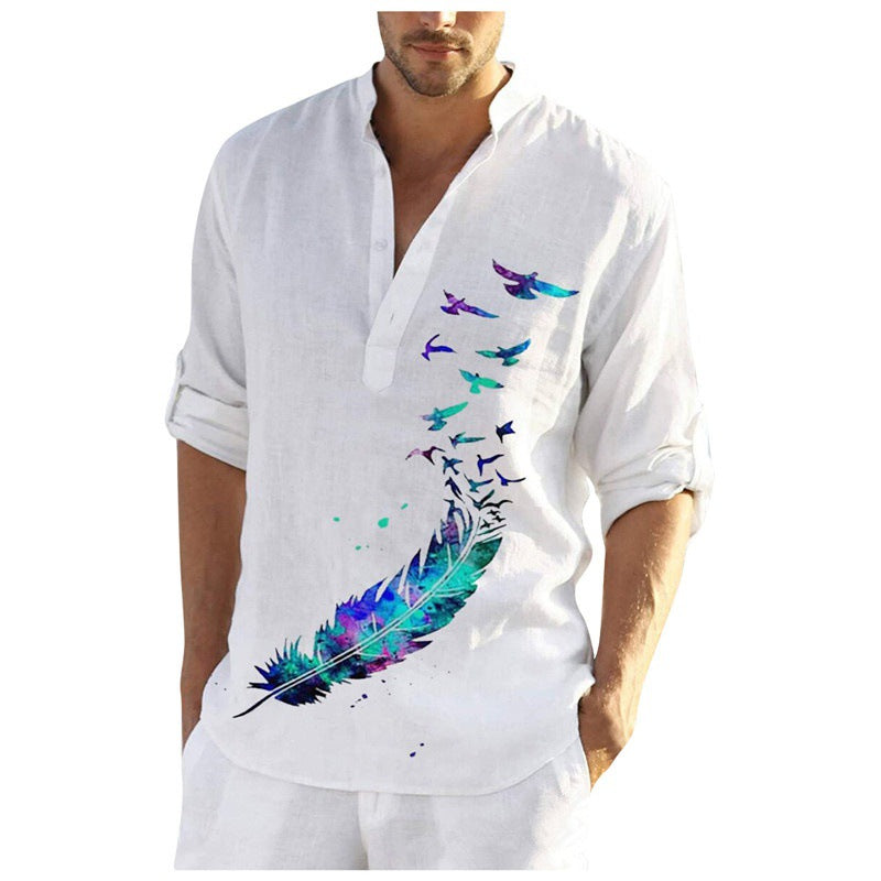 Herren Leinenhemd mit einzigartigem Federdesign und modischem Henley-Ausschnitt WW
