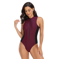Damen Sportlicher Einteiler Badeanzug mit hohem Kragen und langem Reißverschluss WW