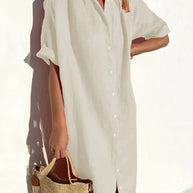 WW | Knopfkleid mit Weitem Ausschnitt und Schmalen Ärmeln, Elegant und Locker, für Frauen Baumwoll- und Leinenkleider