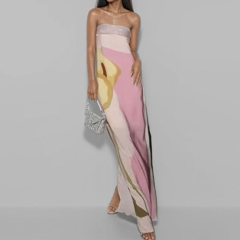 Damen Abendkleid mit elegantem drapiertem Oberteil und künstlerischem Print W&W Mode