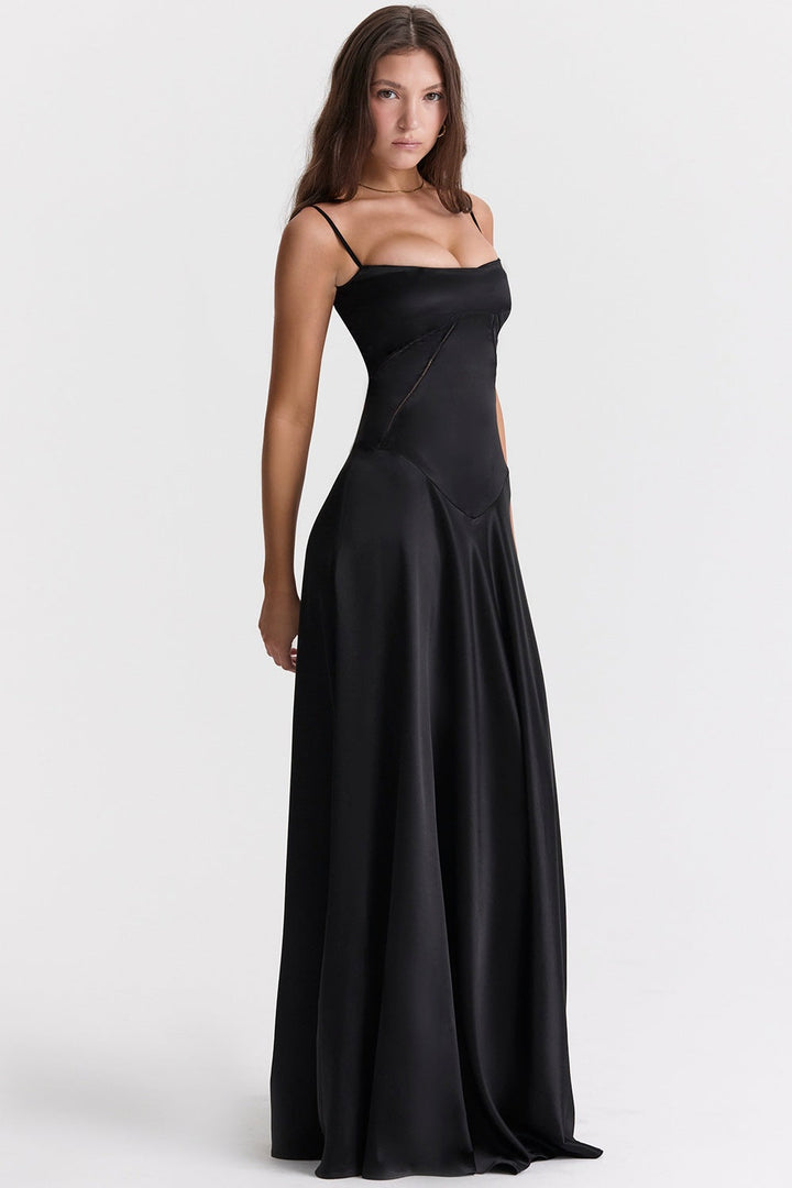 W&W Mode | Abendkleid Satin Glanz Spaghetti Träger Rückenfrei Schmaler Schnitt Elegantes Kleid