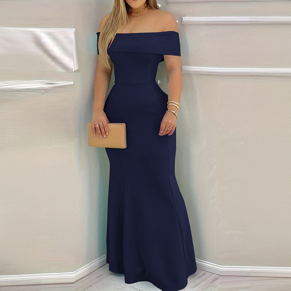 Damen elegantes schulterfreies Maxikleid mit figurbetontem Schnitt WW
