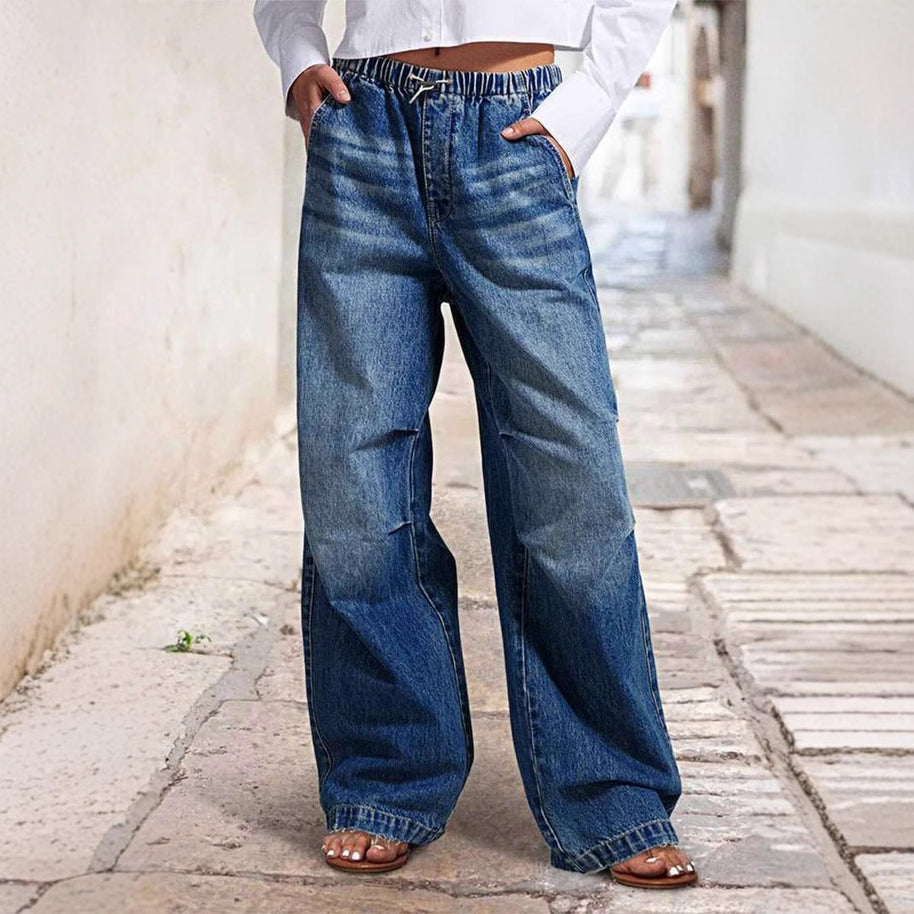 Damen weite High-Waist Denim-Hose mit elastischem Bund WW