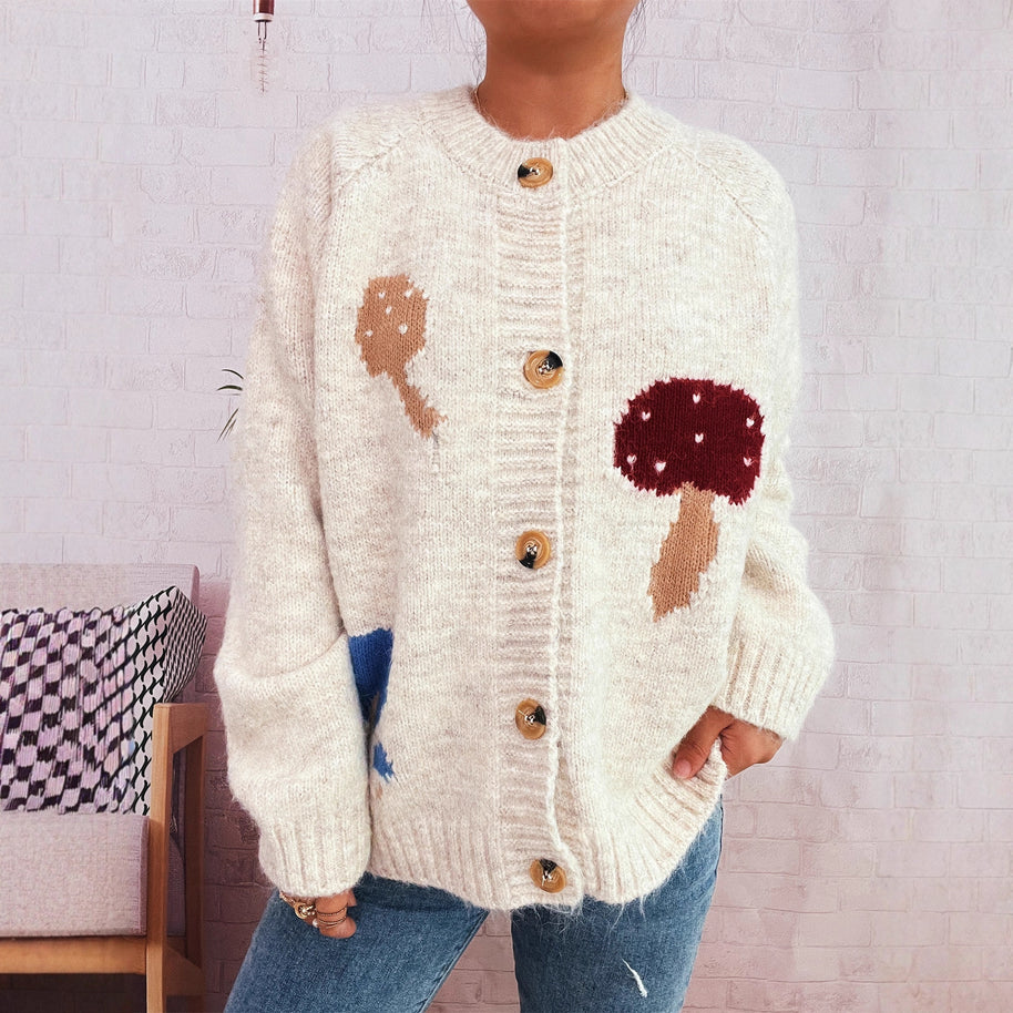 Damen Strickjacke mit buntem Pilzmotiv und Knopfdetails WW