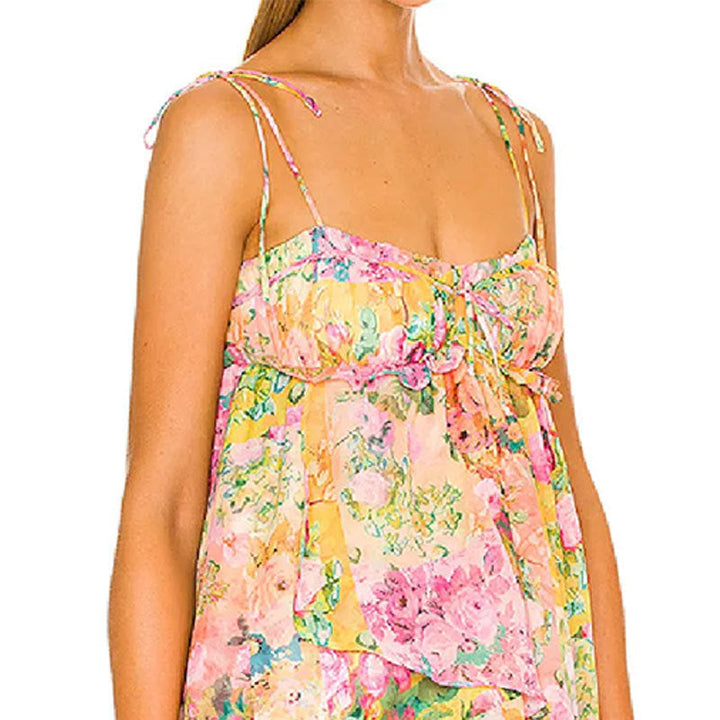 Damen Floral Minikleid mit verstellbaren Spaghetti-Trägern und Rüschendetails W&W Mode