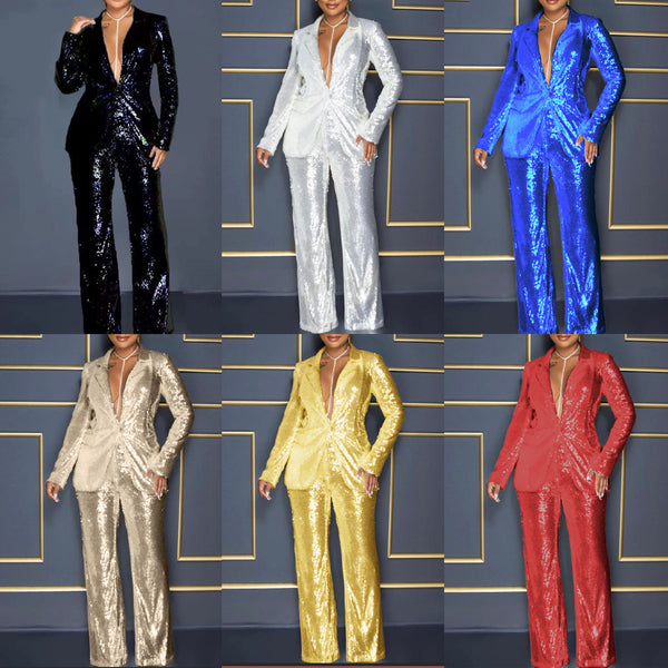 Damen Glitzernder Anzug mit tiefem Ausschnitt und langem Bein WW