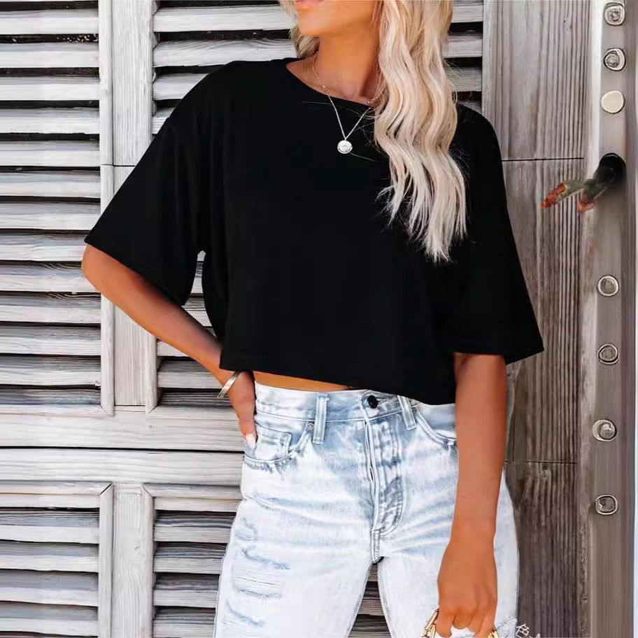 Damen lässiges cropped T-Shirt mit weitem Schnitt und kurzen Ärmeln W&W Mode