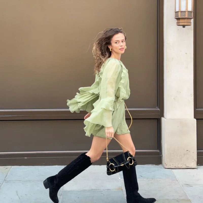 Damen fließendes Rüschenkleid mit langen Ärmeln und hohem Kragen WW