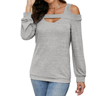 Damen lässiges Cold-Shoulder Sweatshirt mit tiefem Ausschnitt und Ballonärmeln WW