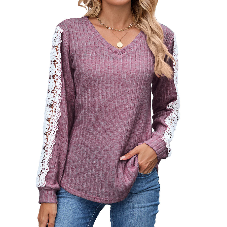 Damen Relaxed Fit V-Ausschnitt Pullover mit Spitzenakzenten WW