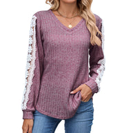 Damen Relaxed Fit V-Ausschnitt Pullover mit Spitzenakzenten WW