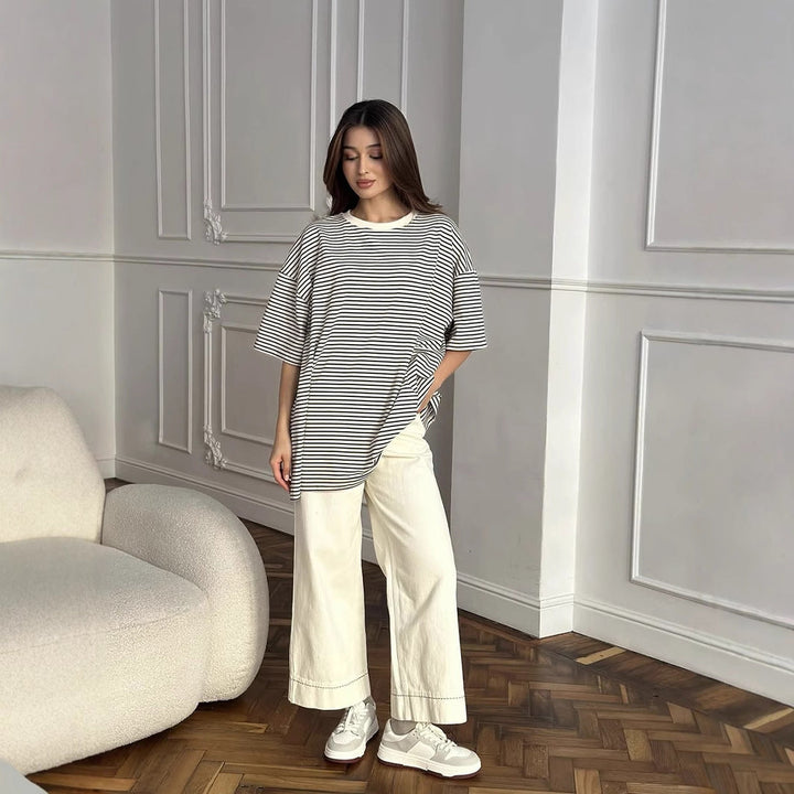 Damen Oversized Streifen-T-Shirt W&W Mode