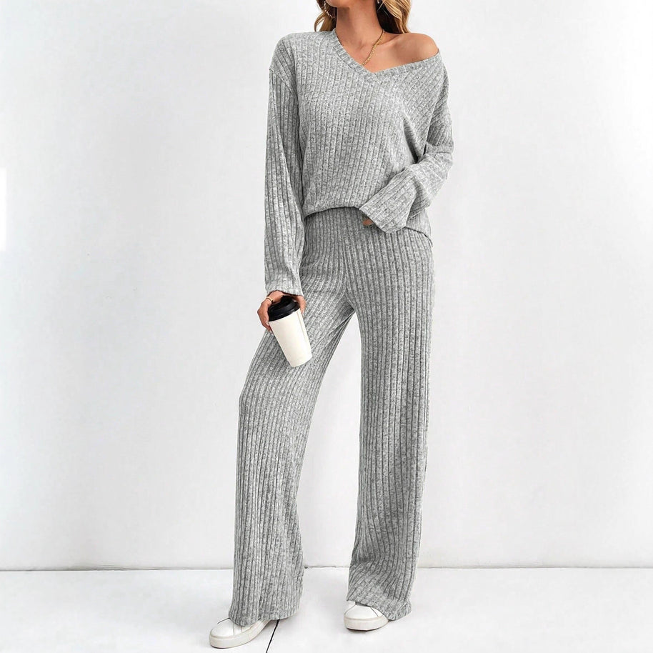 Damen bequemes Lounge-Set mit V-Ausschnitt und weitem Schnitt WW