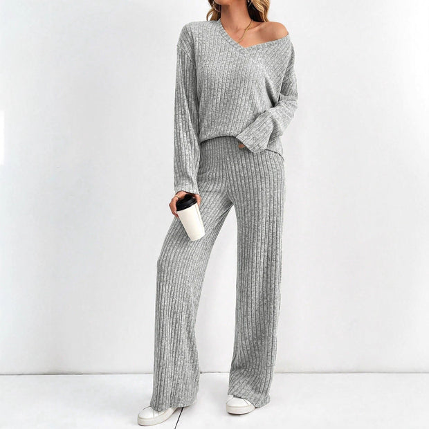 Damen bequemes Lounge-Set mit V-Ausschnitt und weitem Schnitt WW