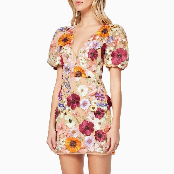 W&W Mode | 3D-Blumen-Bodycon-Laternenärmel-besticktes Kleid