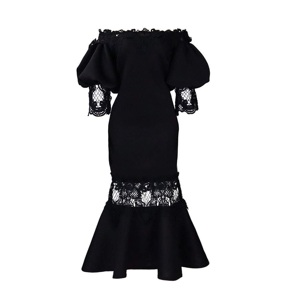 Damen Kleid mit schulterfreien Puffärmeln und luxuriösem Spitzenabschluss WW