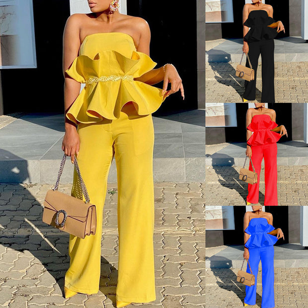 Damen Jumpsuit mit voluminösem Rüschendesign und schulterfreiem Oberteil WW